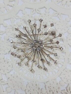 Vintage Roman RMN Signed Atomic Starburst Rhinestone‎ Brooch Silver Tone